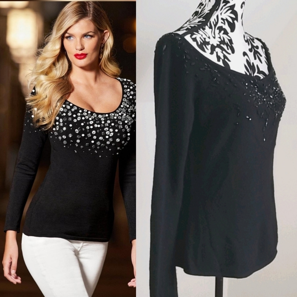 Tadashi Collection Black Cashmere & Bling Sweater